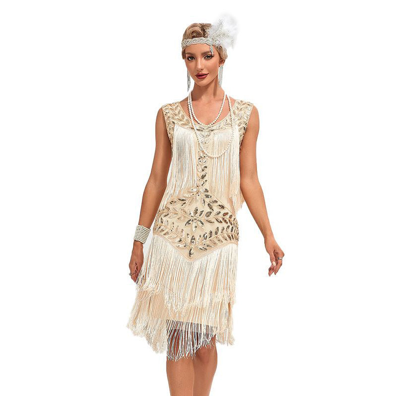 1920 Retro Gatsby Ball Dress Dance Dress Round Neck Beaded Tassel Dress Beige