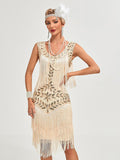 1920 Retro Gatsby Ball Dress Dance Dress Round Neck Beaded Tassel Dress Beige