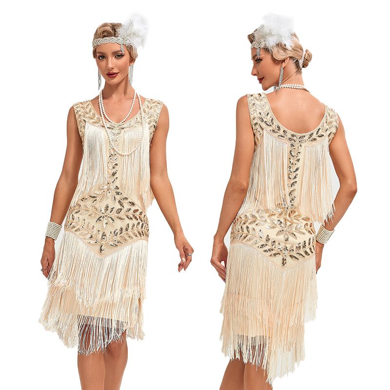 1920 Retro Gatsby Ball Dress Dance Dress Round Neck Beaded Tassel Dress Beige
