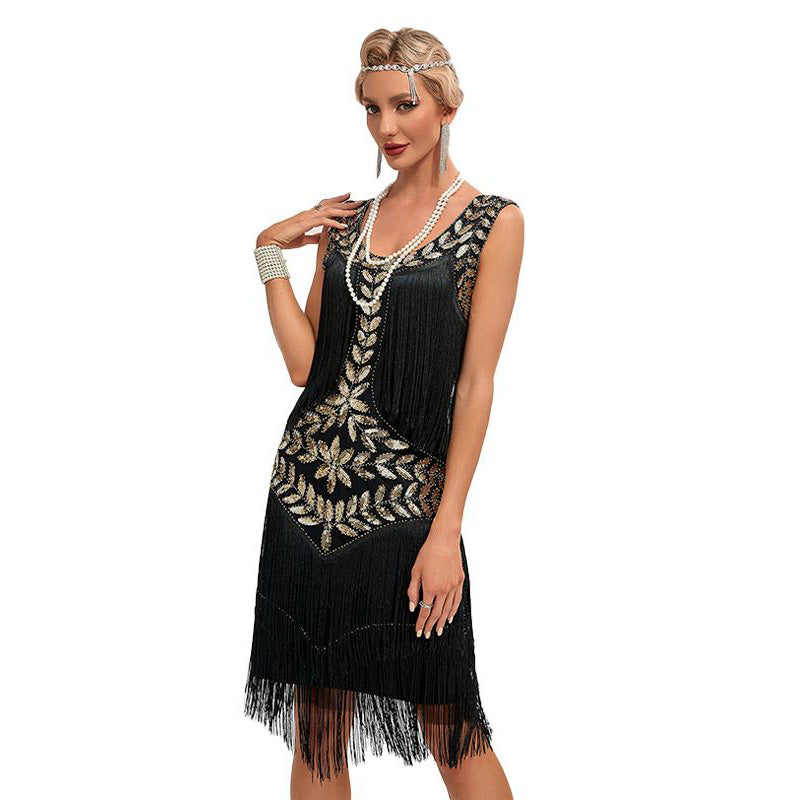 1920 Retro Gatsby Ball Dress Dance Dress Round Neck Beaded Tassel Dress Black