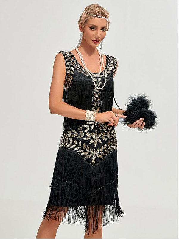 1920 Retro Gatsby Ball Dress Dance Dress Round Neck Beaded Tassel Dress Black
