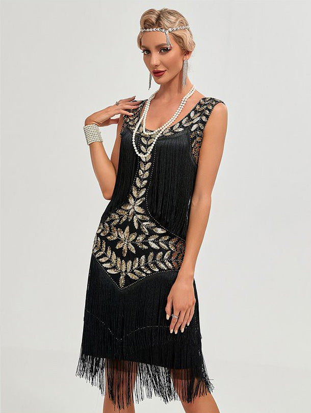 1920 Retro Gatsby Ball Dress Dance Dress Round Neck Beaded Tassel Dress Black