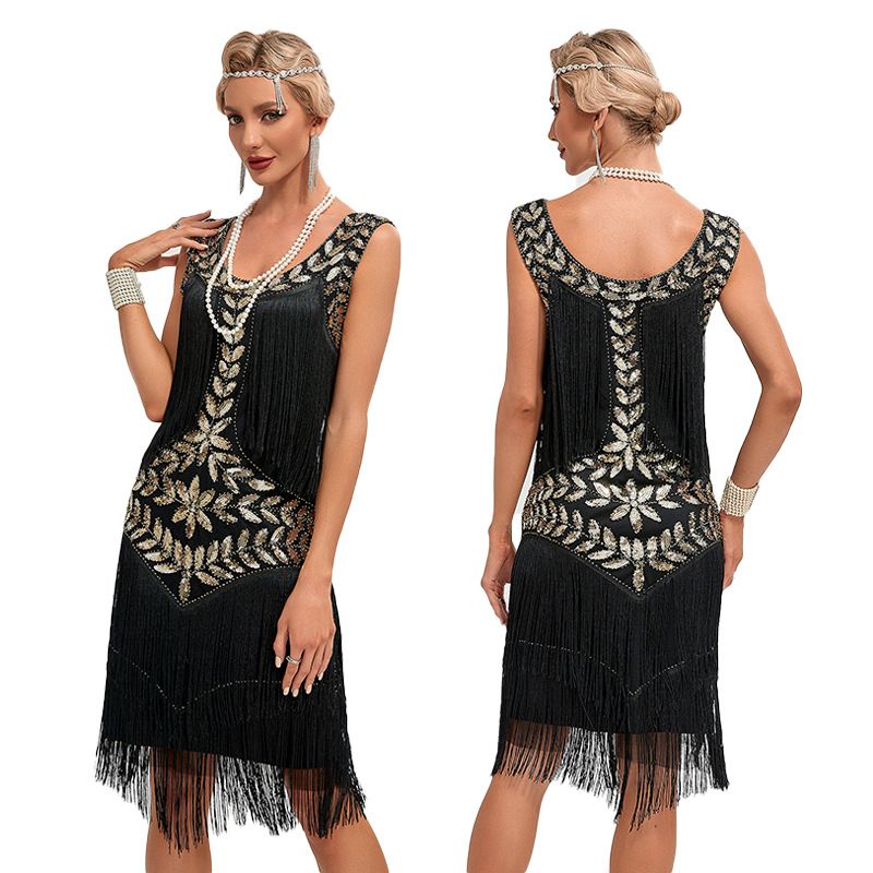 1920 Retro Gatsby Ball Dress Dance Dress Round Neck Beaded Tassel Dress Black