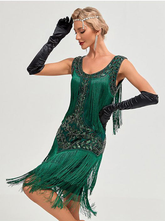 1920 Retro Gatsby Ball Dress Dance Dress Round Neck Beaded Tassel Dress Green