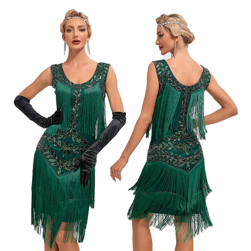 1920 Retro Gatsby Ball Dress Dance Dress Round Neck Beaded Tassel Dress Green