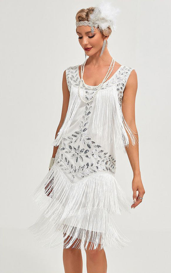 1920 Retro Gatsby Ball Dress Dance Dress Round Neck Beaded Tassel Dress White