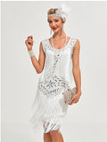 1920 Retro Gatsby Ball Dress Dance Dress Round Neck Beaded Tassel Dress White