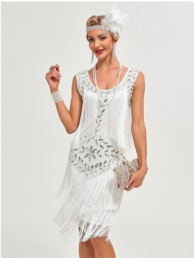 1920 Retro Gatsby Ball Dress Dance Dress Round Neck Beaded Tassel Dress White