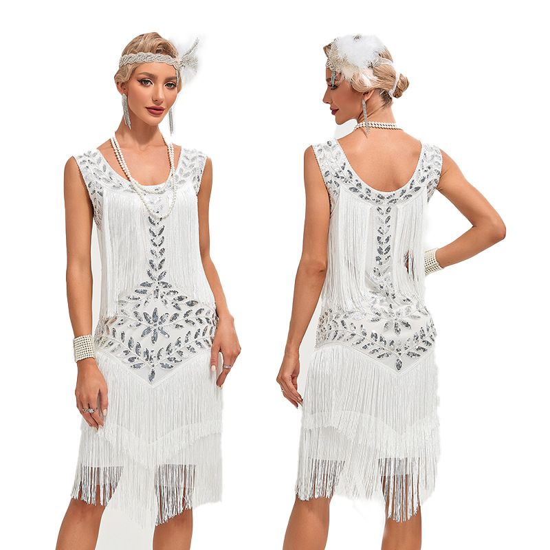1920 Retro Gatsby Ball Dress Dance Dress Round Neck Beaded Tassel Dress White
