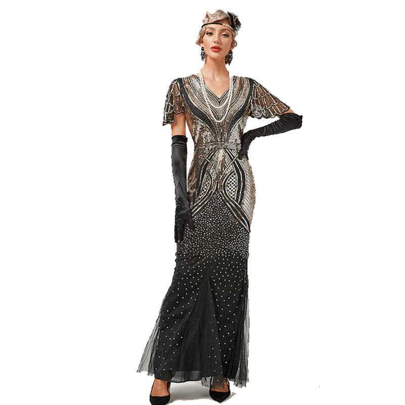 1920s Dress Deco Sequin Bead Dress Party Long Evening Cocktail Dress Gold