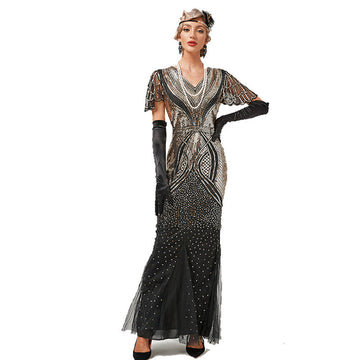 1920s Dress Deco Sequin Bead Dress Party Long Evening Cocktail Dress Gold