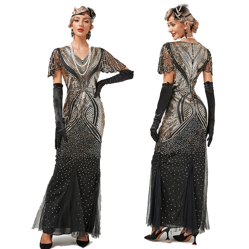 1920s Dress Deco Sequin Bead Dress Party Long Evening Cocktail Dress Gold