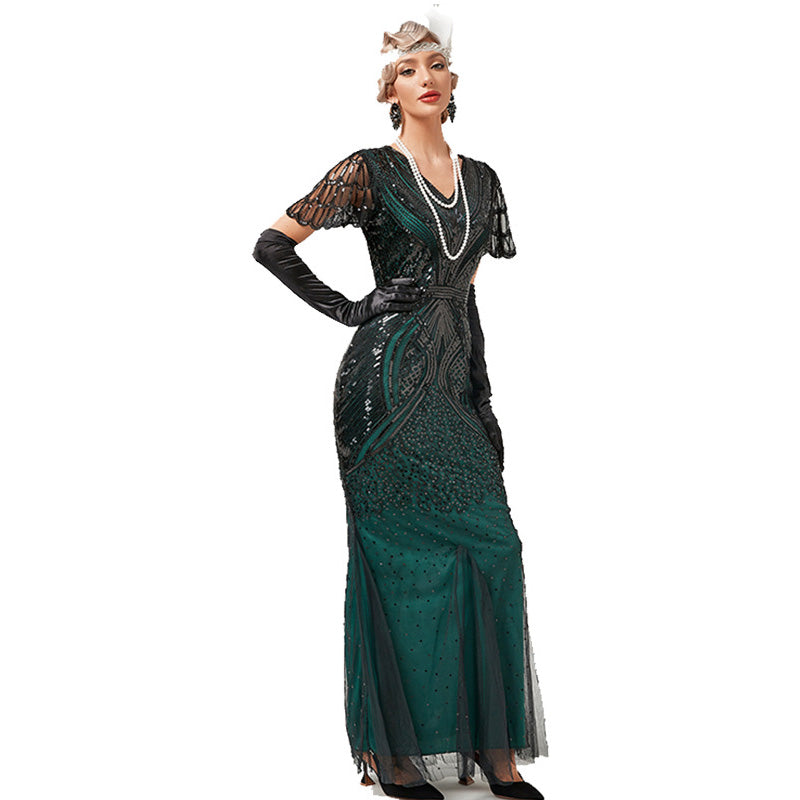 1920s Dress Deco Sequin Bead Dress Party Long Evening Cocktail Dress Green