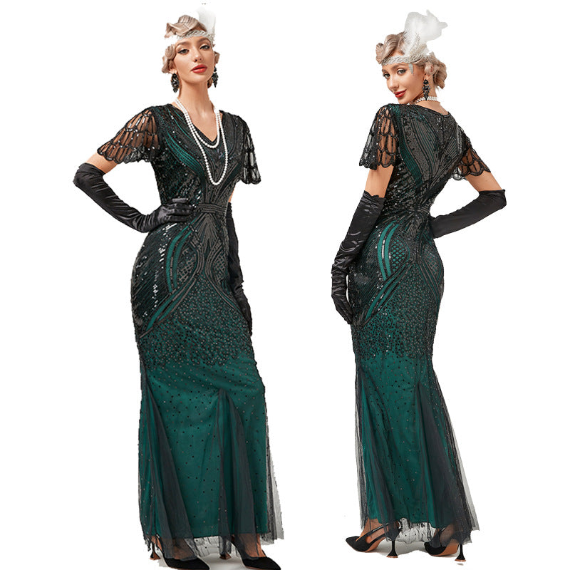1920s Dress Deco Sequin Bead Dress Party Long Evening Cocktail Dress Green