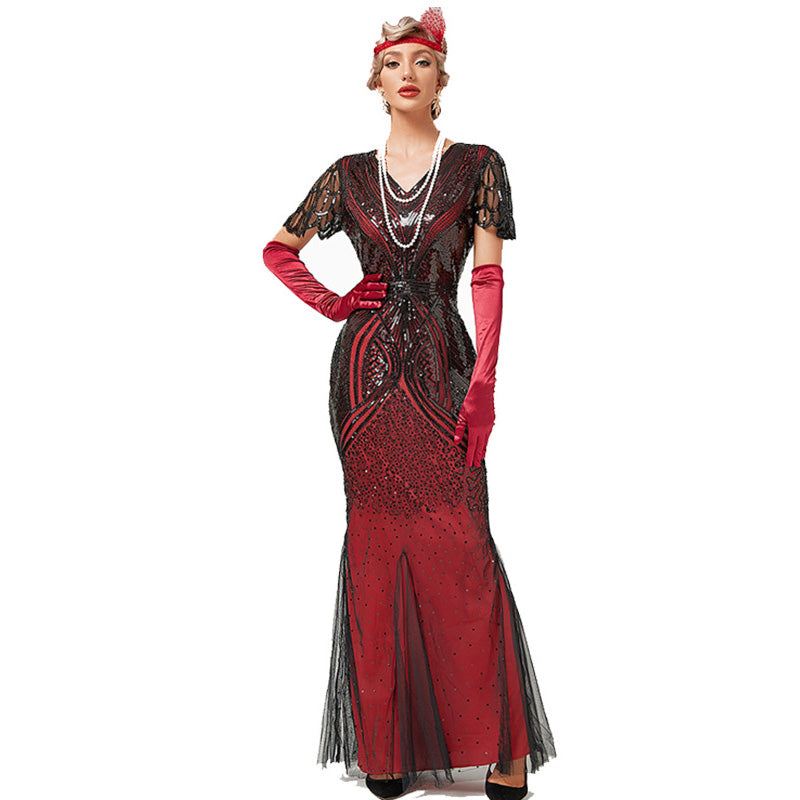 1920s Dress Deco Sequin Bead Dress Party Long Evening Cocktail Dress Red