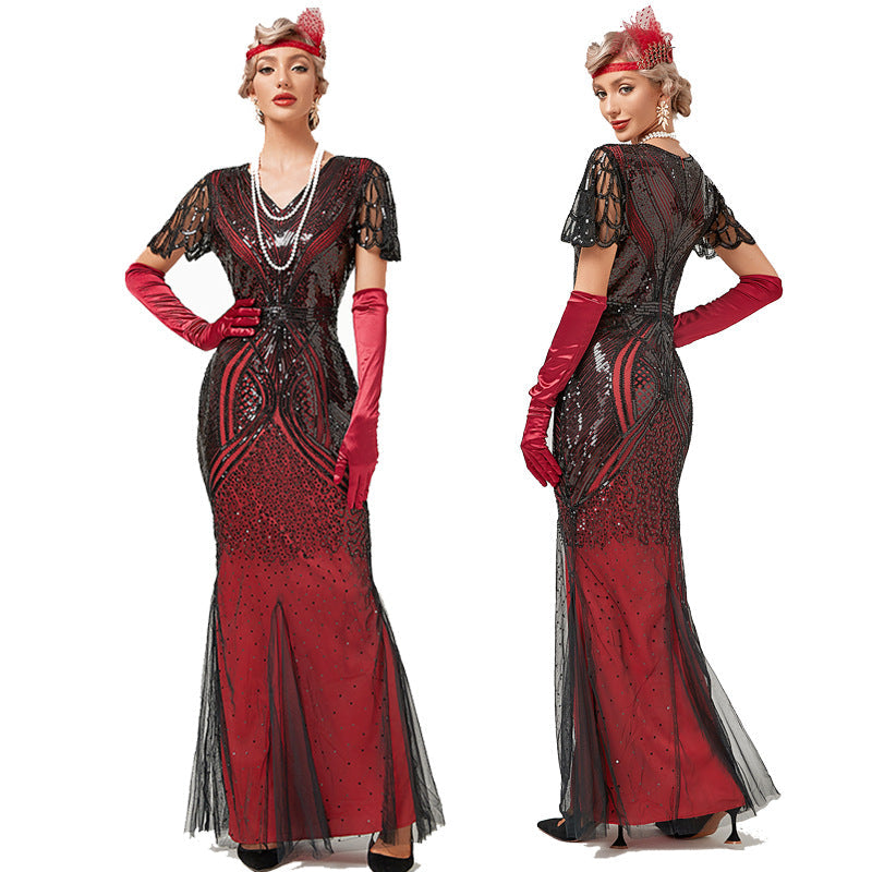 1920s Dress Deco Sequin Bead Dress Party Long Evening Cocktail Dress Red
