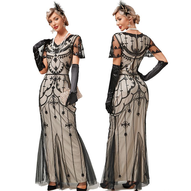 1920s Flapper Dresses Roaring 20s Vintage Sequin Mermaid Evening Gowns Beige