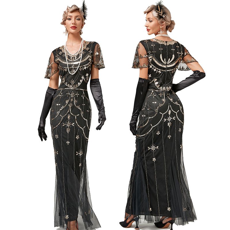 1920s Flapper Dresses Roaring 20s Vintage Sequin Mermaid Evening Gowns Black