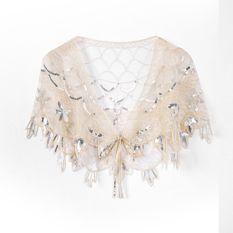 1920s Shawl Wraps Sequin Beaded Evening Cape Bridal Shawl Bolero Flapper Cover Up Beige