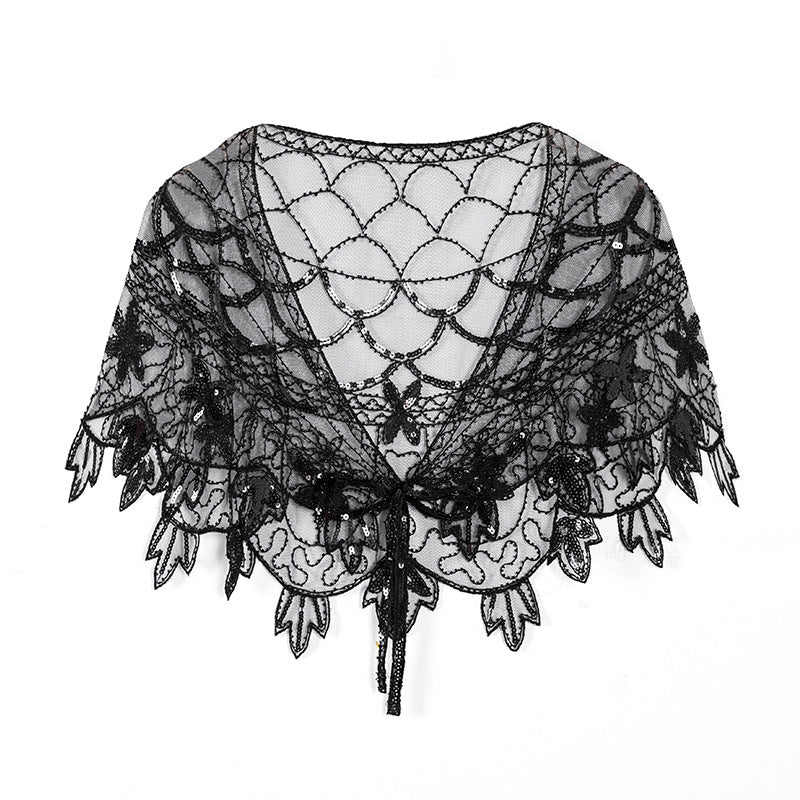 1920s Shawl Wraps Sequin Beaded Evening Cape Bridal Shawl Bolero Flapper Cover Up Black