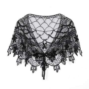 1920s Shawl Wraps Sequin Beaded Evening Cape Bridal Shawl Bolero Flapper Cover Up Black