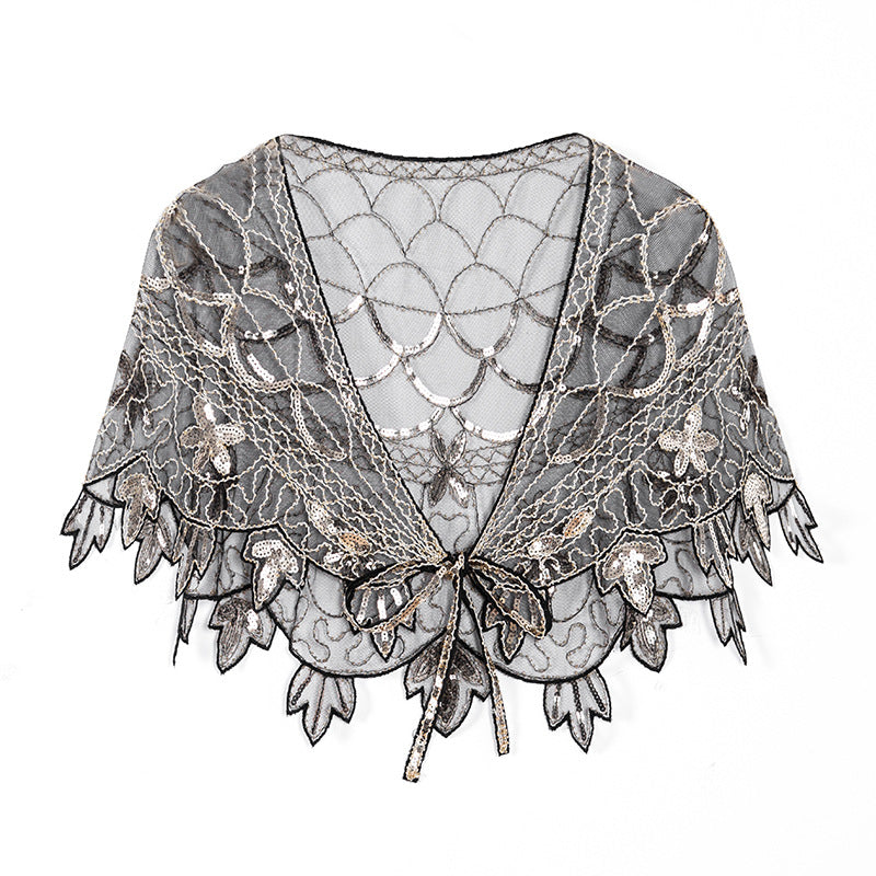 1920s Shawl Wraps Sequin Beaded Evening Cape Bridal Shawl Bolero Flapper Cover Up Black