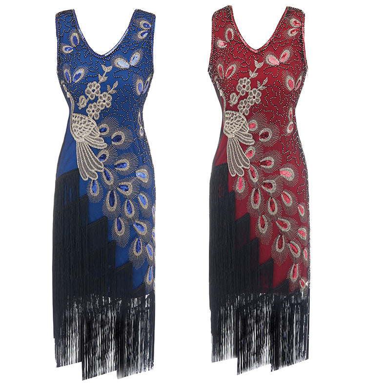 1920s Vintage Peacock Sequined Gatsby Fringed Flapper Roaring 20s Party Dress 