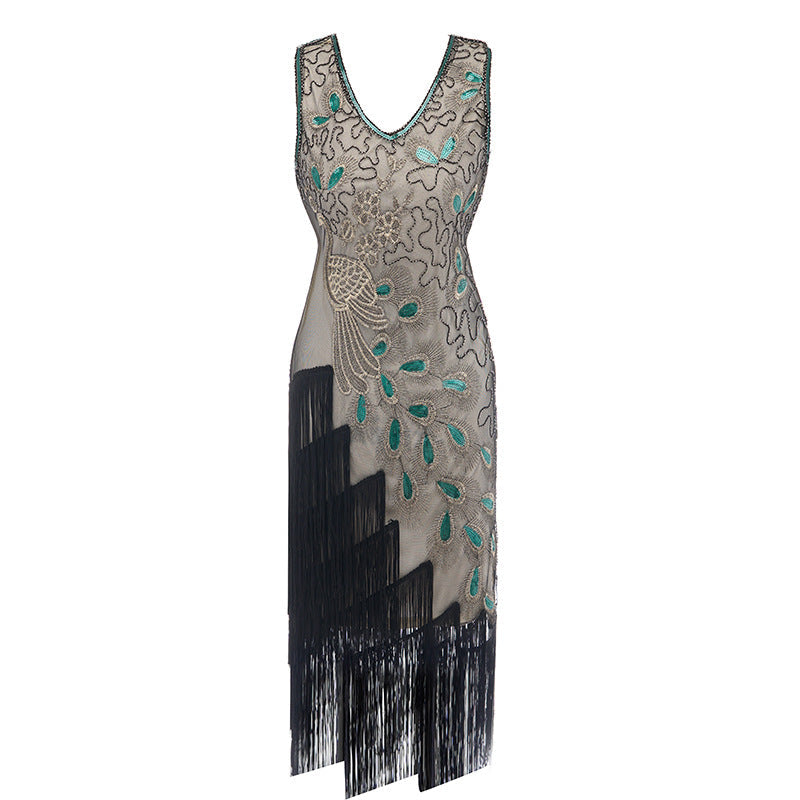 1920s Vintage Peacock Sequined Gatsby Fringed Flapper Roaring 20s Party Dress Beige