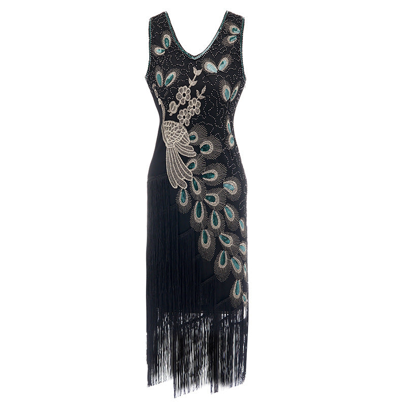1920s Vintage Peacock Sequined Gatsby Fringed Flapper Roaring 20s Party Dress Red
