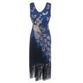 1920s Vintage Peacock Sequined Gatsby Fringed Flapper Roaring 20s Party Dress Blue