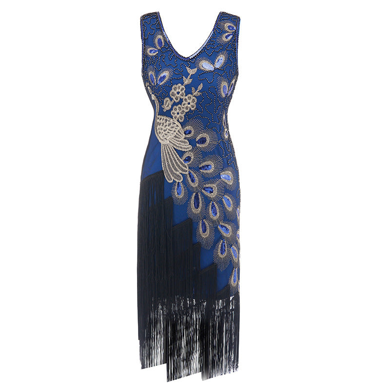 1920s Vintage Peacock Sequined Gatsby Fringed Flapper Roaring 20s Party Dress Blue