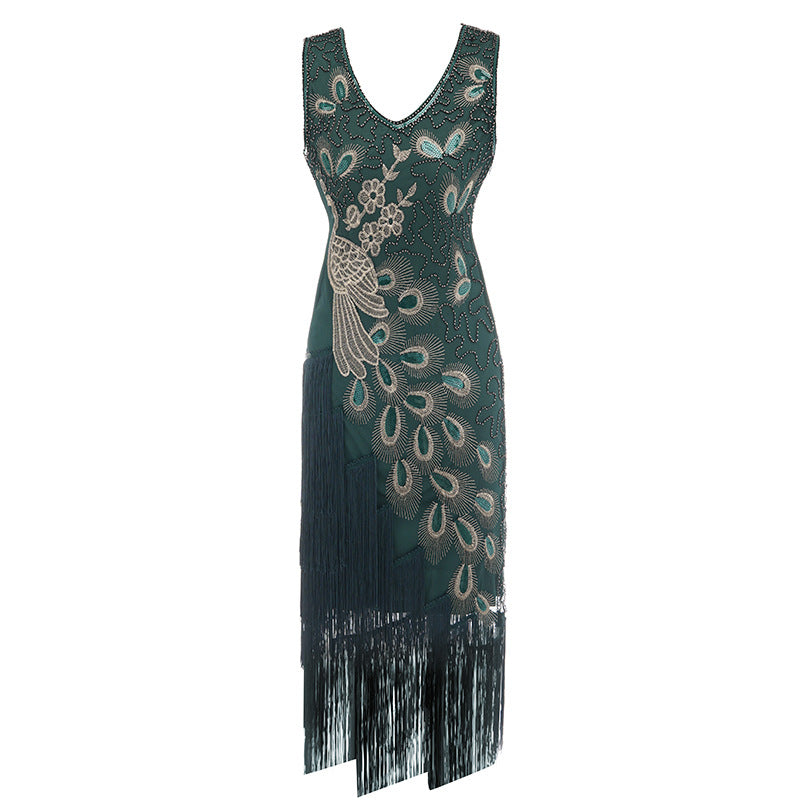 1920s Vintage Peacock Sequined Gatsby Fringed Flapper Roaring 20s Party Dress Green