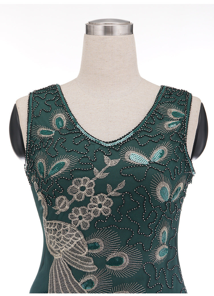 1920s Vintage Peacock Sequined Gatsby Fringed Flapper Roaring 20s Party Dress Green