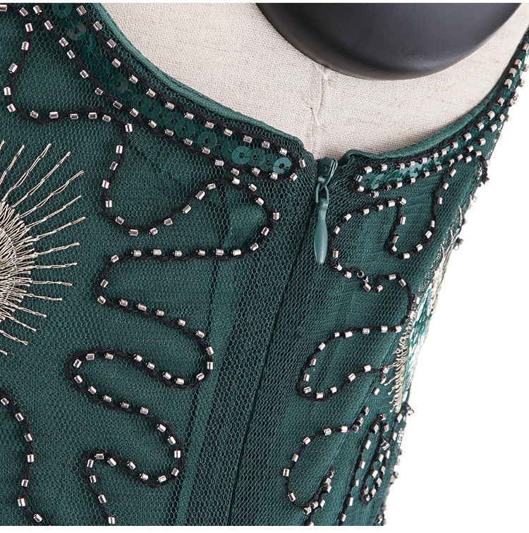 1920s Vintage Peacock Sequined Gatsby Fringed Flapper Roaring 20s Party Dress Green