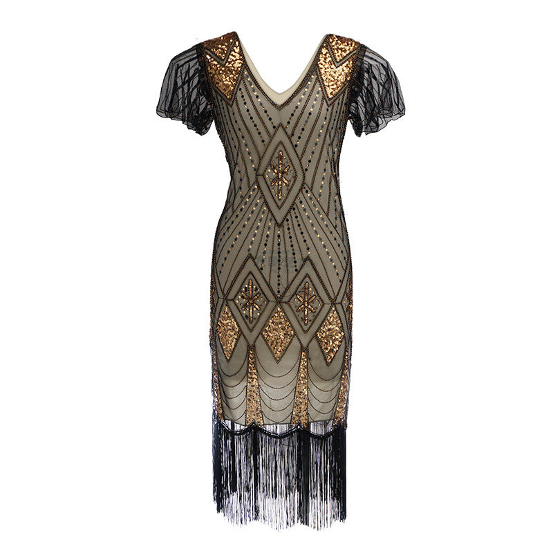 1920s Vintage Retro Sequin Gatsby Roaring 20s Flapper Cocktail Long Dress Beige