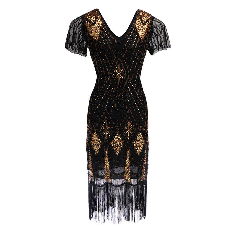 1920s Vintage Retro Sequin Gatsby Roaring 20s Flapper Cocktail Long Dress Black