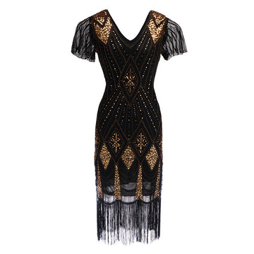 1920s Vintage Retro Sequin Gatsby Roaring 20s Flapper Cocktail Long Dress Black