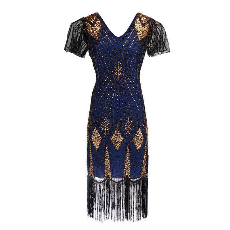 1920s Vintage Retro Sequin Gatsby Roaring 20s Flapper Cocktail Long Dress Blue