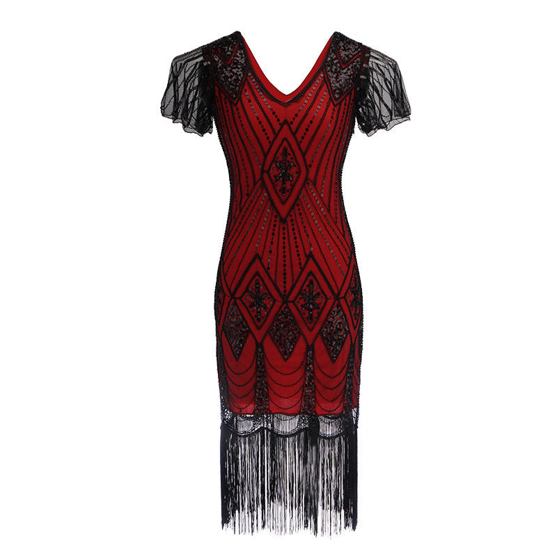 1920s Vintage Retro Sequin Gatsby Roaring 20s Flapper Cocktail Long Dress Red