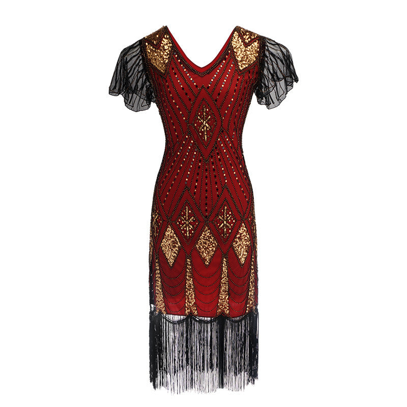 1920s Vintage Retro Sequin Gatsby Roaring 20s Flapper Cocktail Long Dress Red Gold