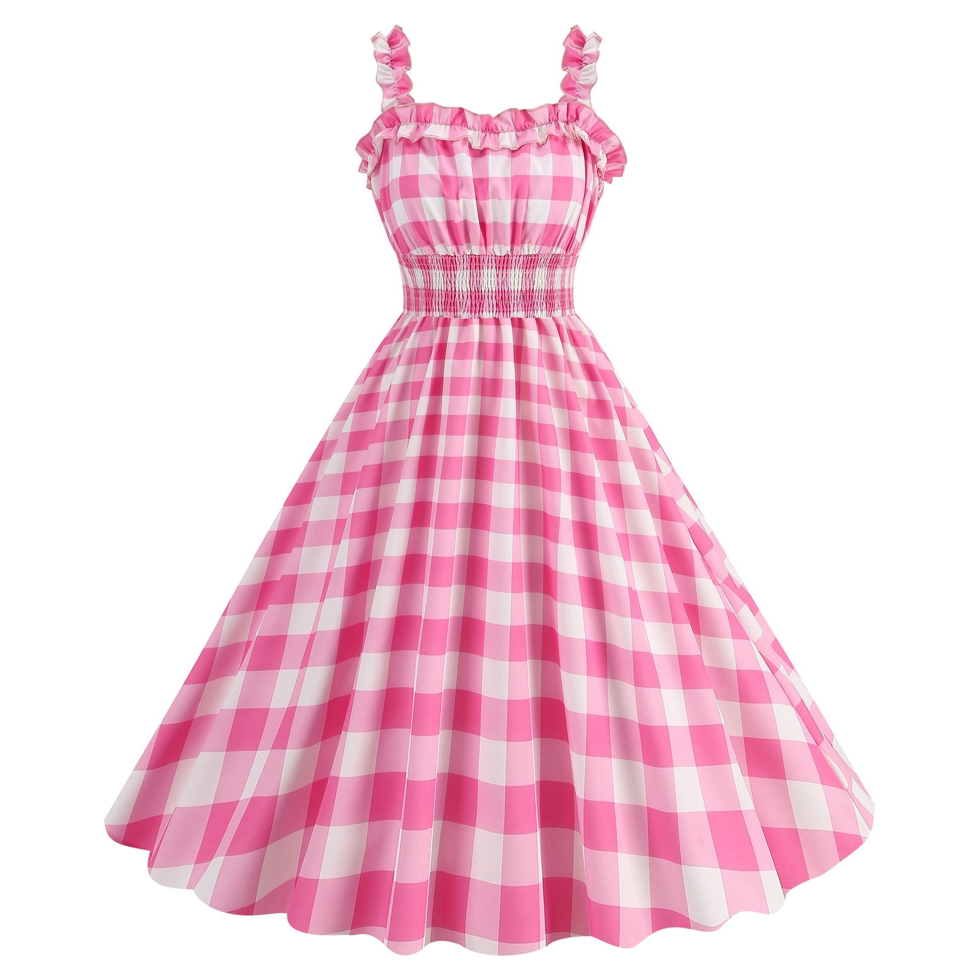 1950s Dresses for Women Vintage Rockabilly Retro Straps Pink Plaid A-line Swing Midi Dress Pink