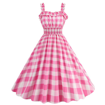 1950s Dresses for Women Vintage Rockabilly Retro Straps Pink Plaid A-line Swing Midi Dress Pink