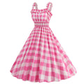 1950s Dresses for Women Vintage Rockabilly Retro Straps Pink Plaid A-line Swing Midi Dress Pink