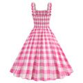 1950s Dresses for Women Vintage Rockabilly Retro Straps Pink Plaid A-line Swing Midi Dress Pink