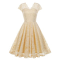 50s 60s Womens Vintage Party Dress V Neck Lace Pin Up Rockabilly Dress Beige