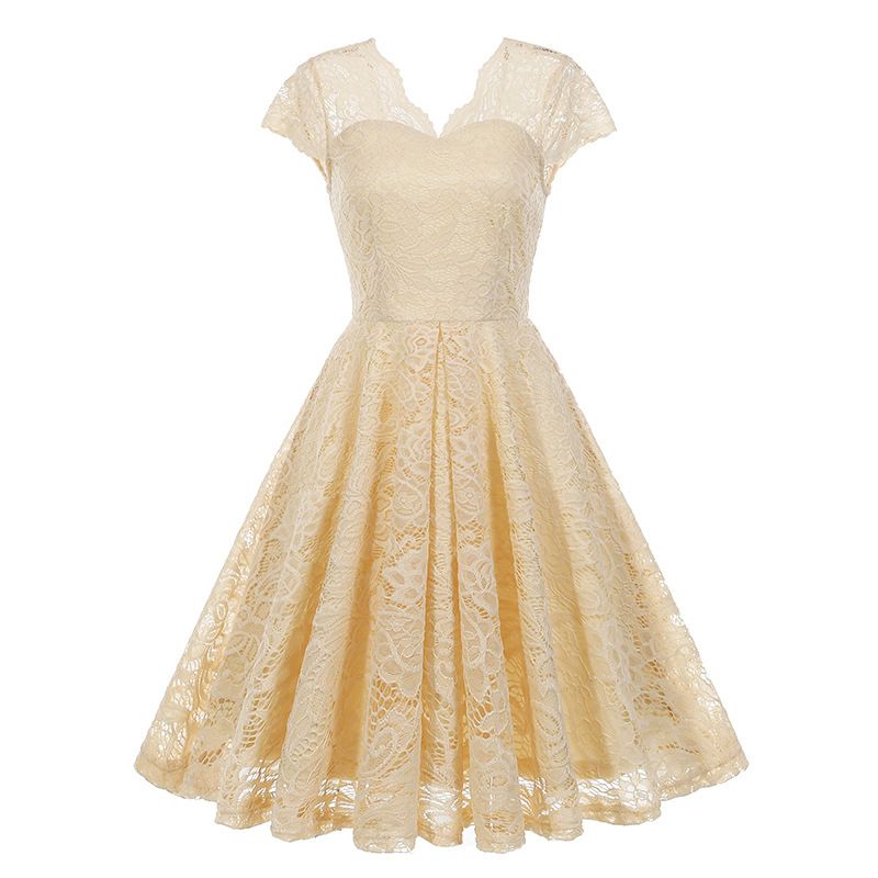 50s 60s Womens Vintage Party Dress V Neck Lace Pin Up Rockabilly Dress Beige
