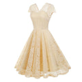 50s 60s Womens Vintage Party Dress V Neck Lace Pin Up Rockabilly Dress Beige
