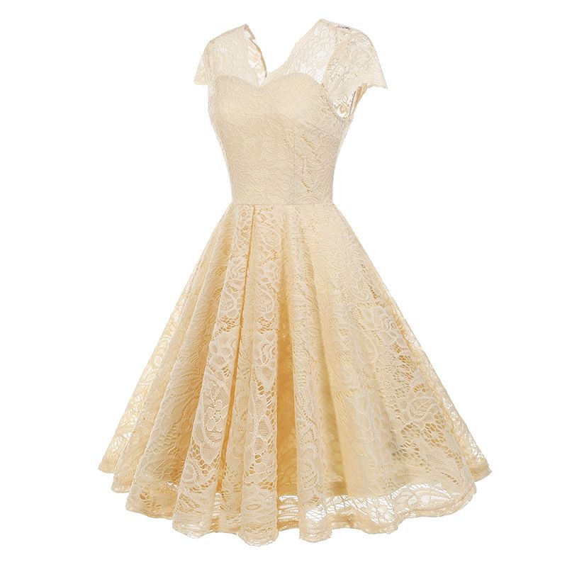 50s 60s Womens Vintage Party Dress V Neck Lace Pin Up Rockabilly Dress Beige