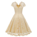 50s 60s Womens Vintage Party Dress V Neck Lace Pin Up Rockabilly Dress Beige