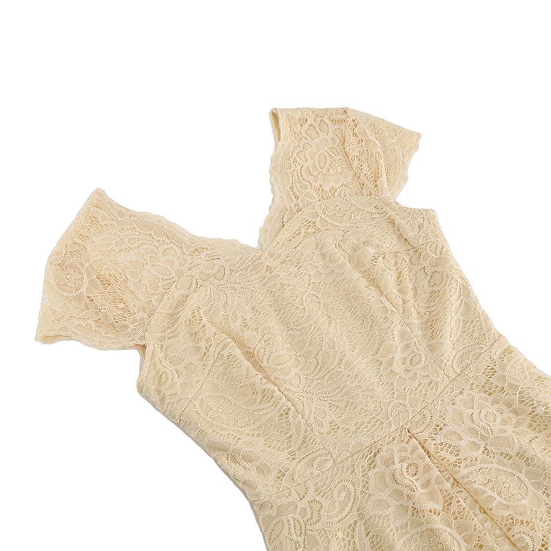 50s 60s Womens Vintage Party Dress V Neck Lace Pin Up Rockabilly Dress Beige